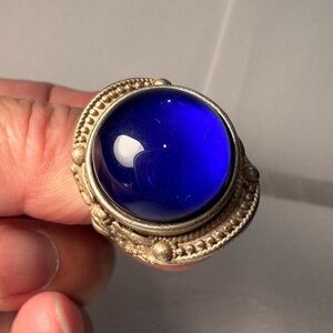 1.2" Ancient Qing dynasty Tibetan Silver Blue jade Bat Ring size adjustable